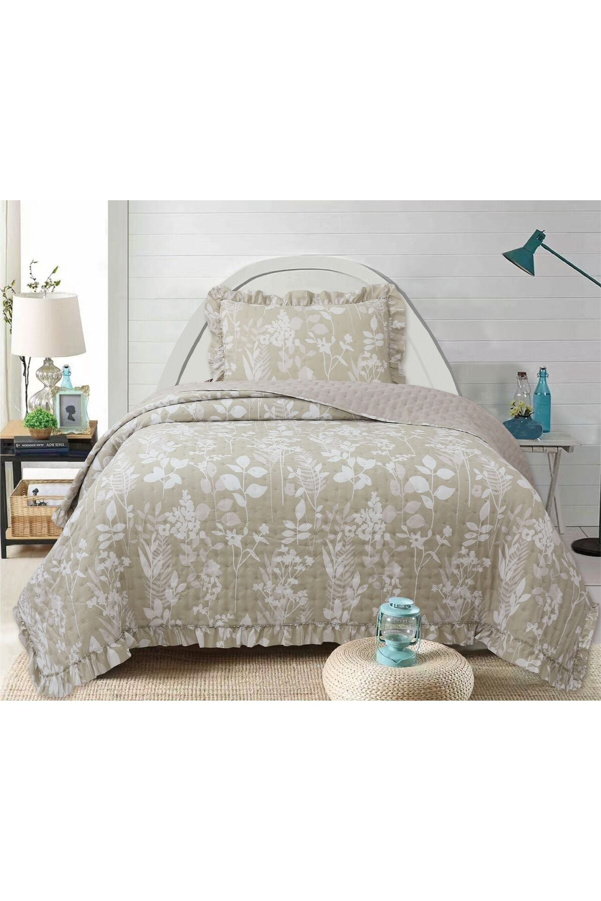 FLOWERS Serisi TEK Kişilik Kapitone Yatak Örtüsü - Çiçekli Desen Fırfırlı