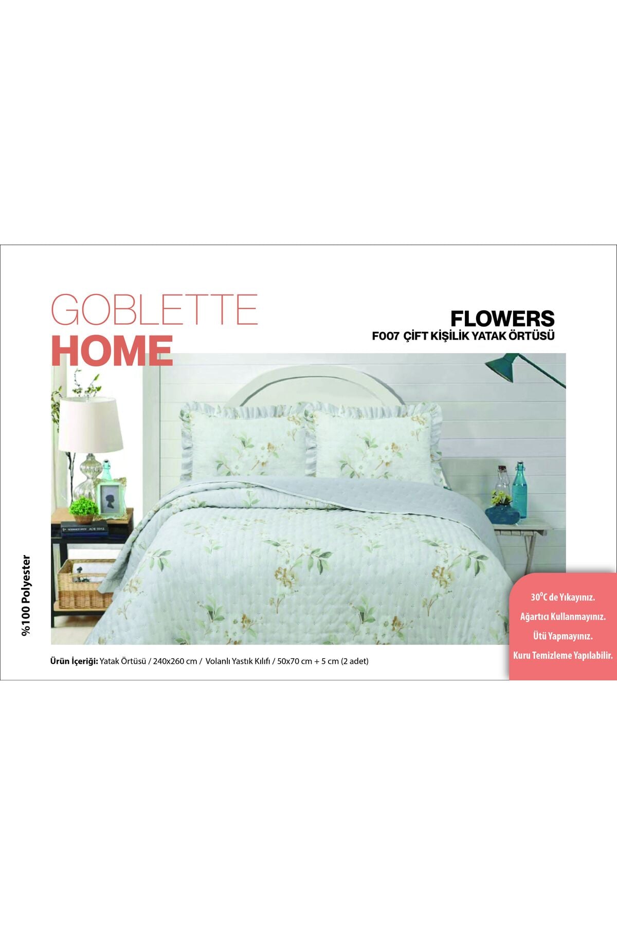 FLOWERS Serisi ÇİFT Kişilik Kapitone Yatak Örtüsü Seti - Fırfırlı Çiçek Desenli