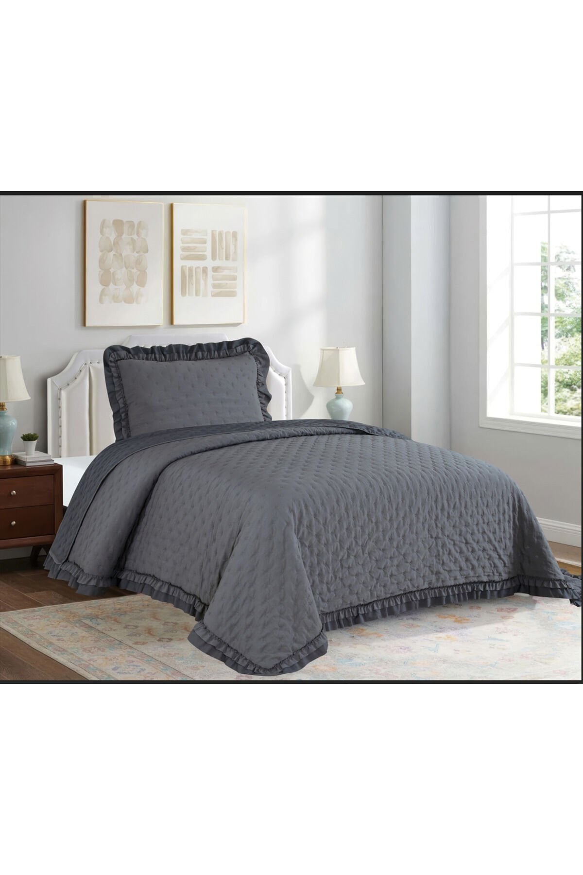 Goblette Home LARA Serisi TEK Kişilik Fırfırlı Kapitone Yatak Örtüsü Seti - 5 Renk)