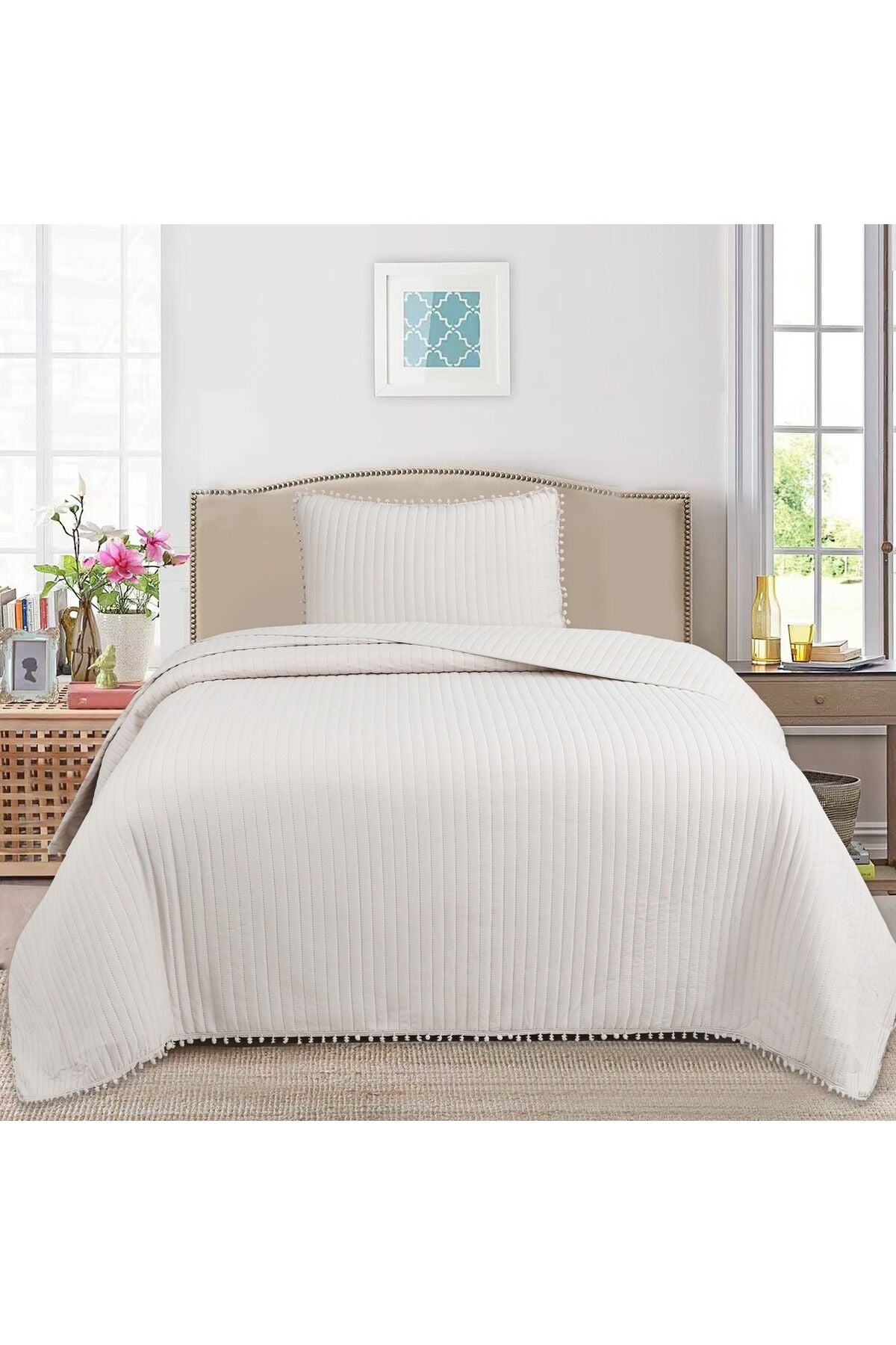 MELODY Serisi Tek Kişilik Kapitone Yatak Örtüsü Seti - Ponpon Detaylı