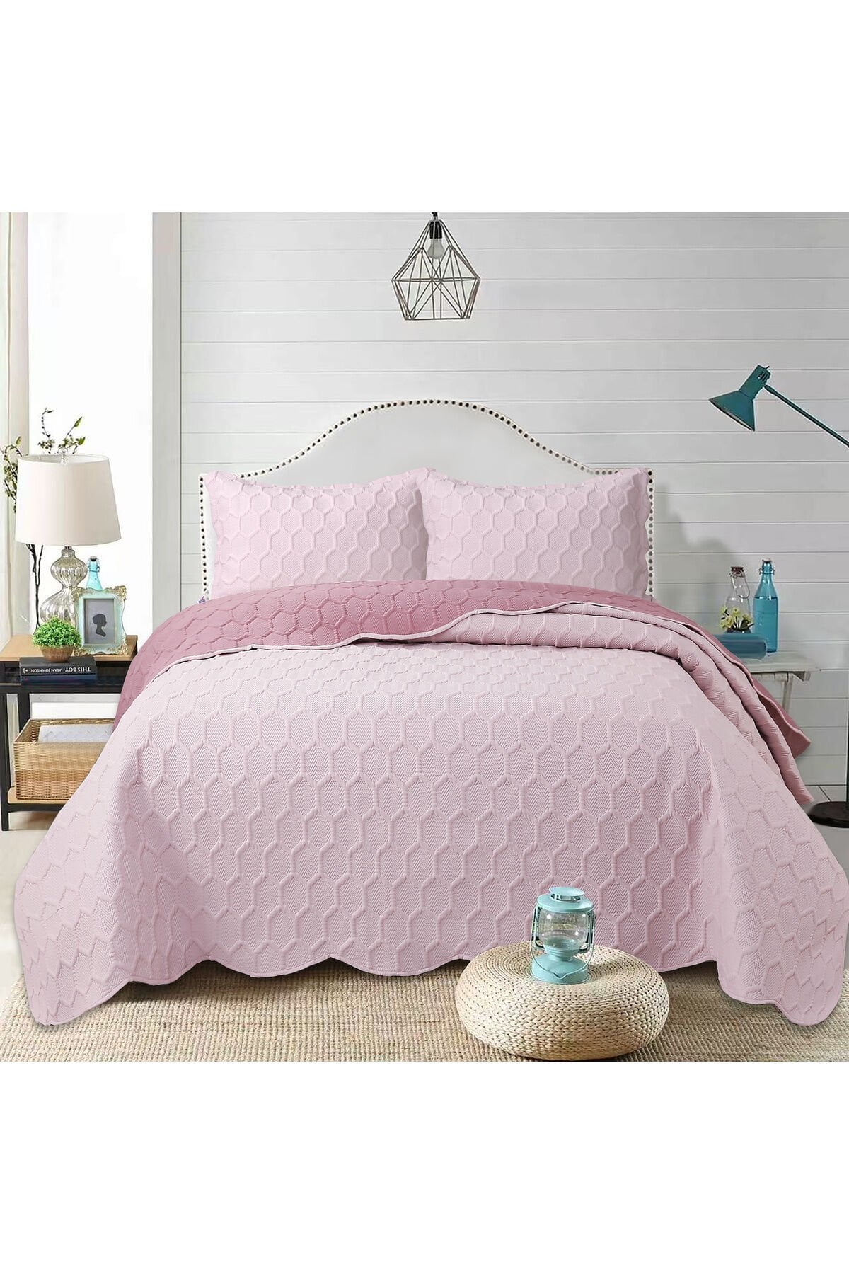 PERLA Serisi ÇİFT Kişilik Kapitone Yatak Örtüsü Seti - Petek Desenli -ÇİFT TARAFLI Pudra