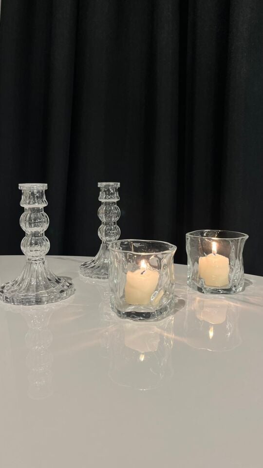 Özel Tasarım Cam Mum Ve Şamdan Seti (2li)