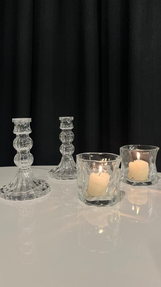 Özel Tasarım Cam Mum Ve Şamdan Seti (2li)