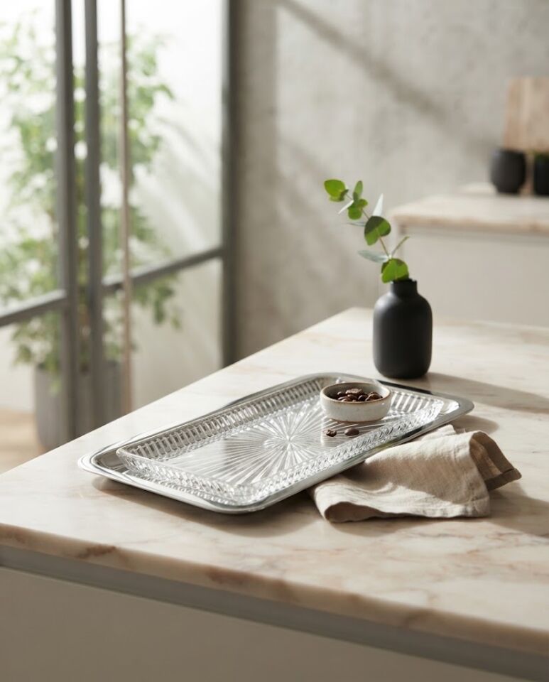 ÇELİK TEPSİ ÜZERİ SHİNE DESEN SUNUMLUK-SET-